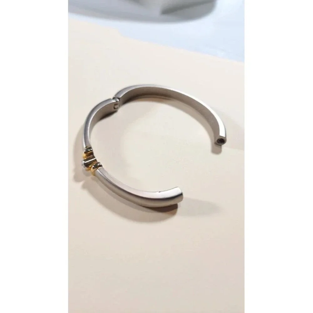 Vintage 80s 90sTwo Tone Hinged Bangle Bracelet Silver Gold Rhinestone Minimalist